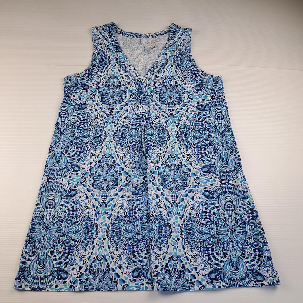 Lilly Pulitzer Dress Womens XL Blue Geometric Sleeveless V Neck Trapeze Swing